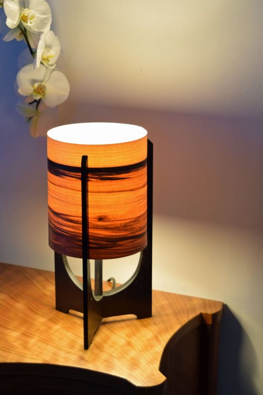 Swallowtail Lamp in Ebonised Reclaimed Mahogany with Sunset shade.