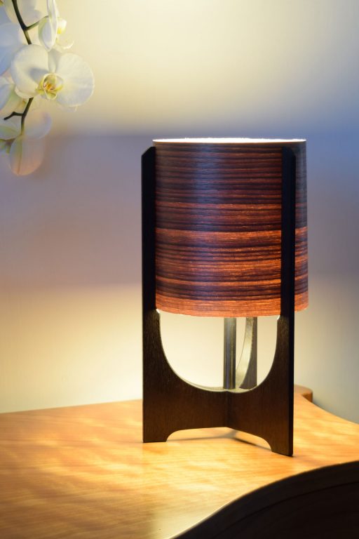 Swallowtail Lamp in Ebonised Reclaimed Mahogany with Walnut shade.