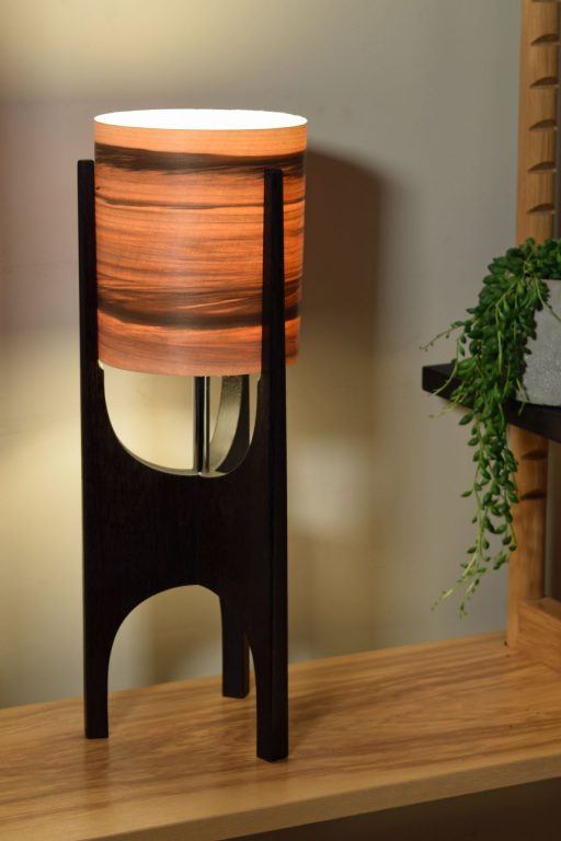 Ravine Lamp in Ebonised Reclaimed Mahogany with Sunset shade.