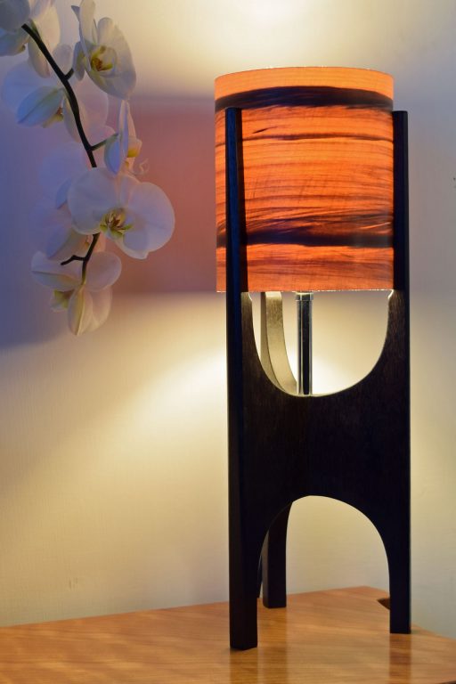 Ravine Lamp in Ebonised Reclaimed Mahogany with Sunset shade.