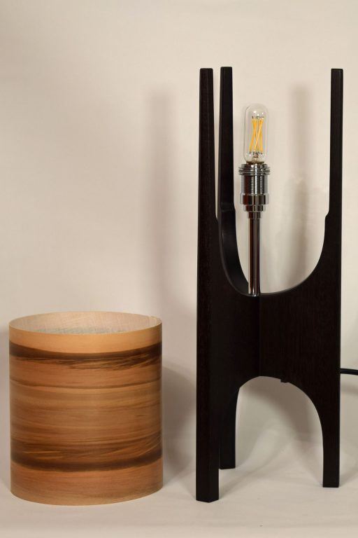 Ravine Lamp in Ebonised Reclaimed Mahogany with Sunset shade.